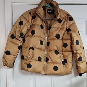 Who What Wear Tan Puffer Jacket with Black Polka Dots